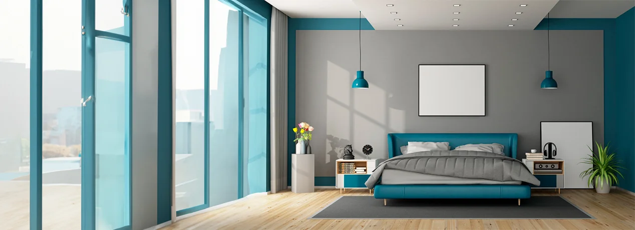 Dormitorio matrimonial con colores fríos